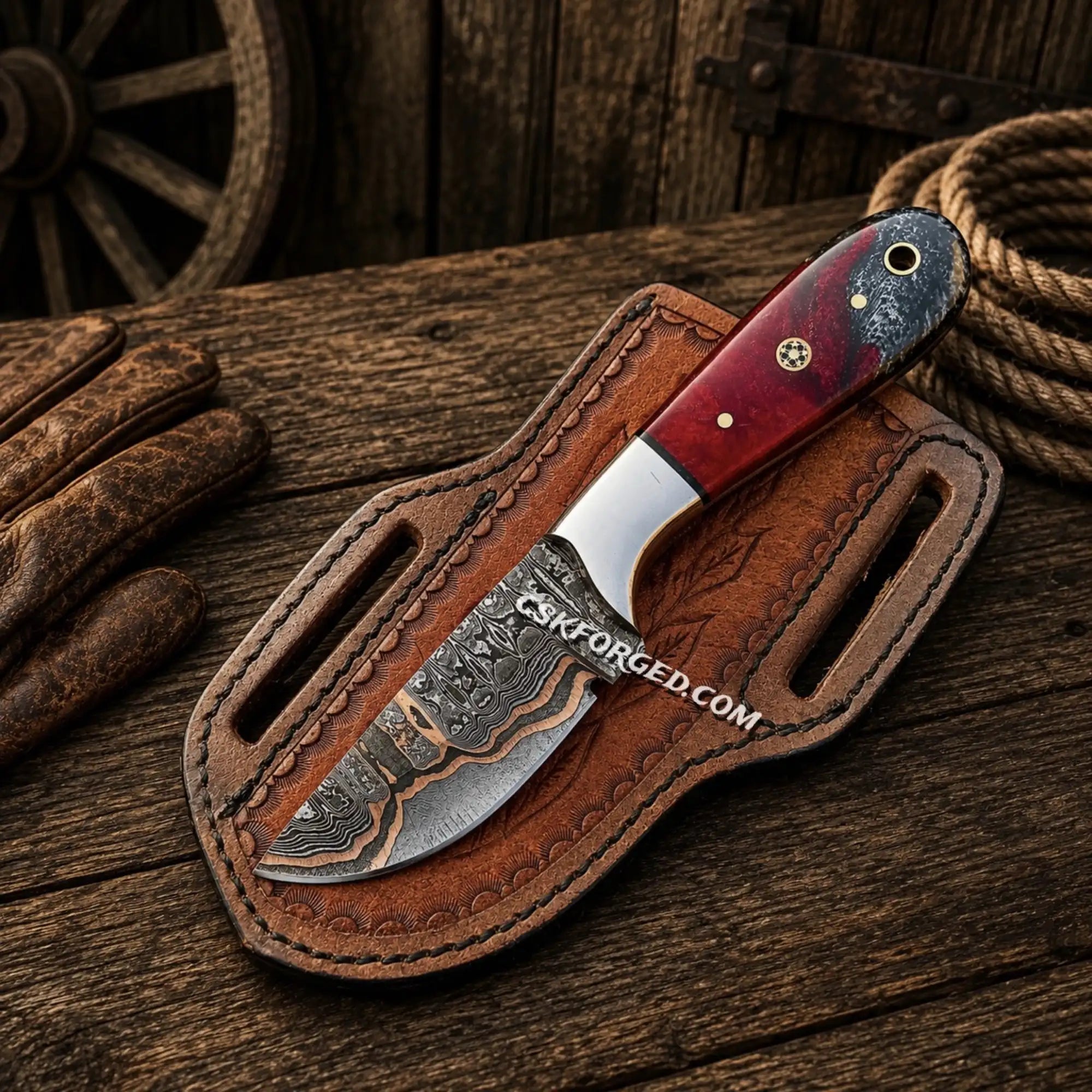 Copper Damascus Ranch Belt Knife – Epoxy Resin Handle & Sheath