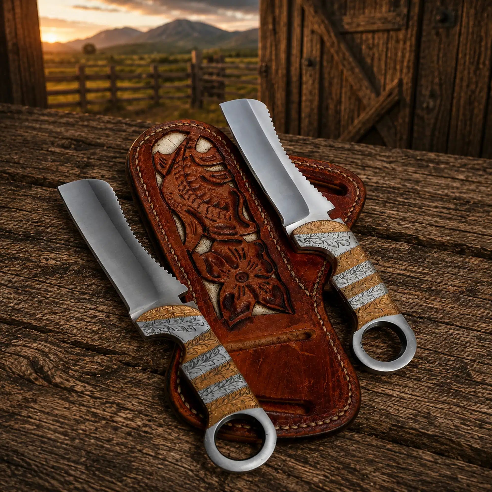 Cowboy Bull Cutter Knife – D2 Steel Blade Copper Engraved Handle