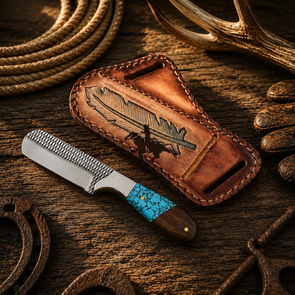 Horse Riding Bull Cutter Knife – 4" Forged Rasp Steel with Turquoise & Rosewood Handle