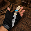 Cowboy Damascus Steel Folding Pocket Knife – Antler & Turquoise Handle