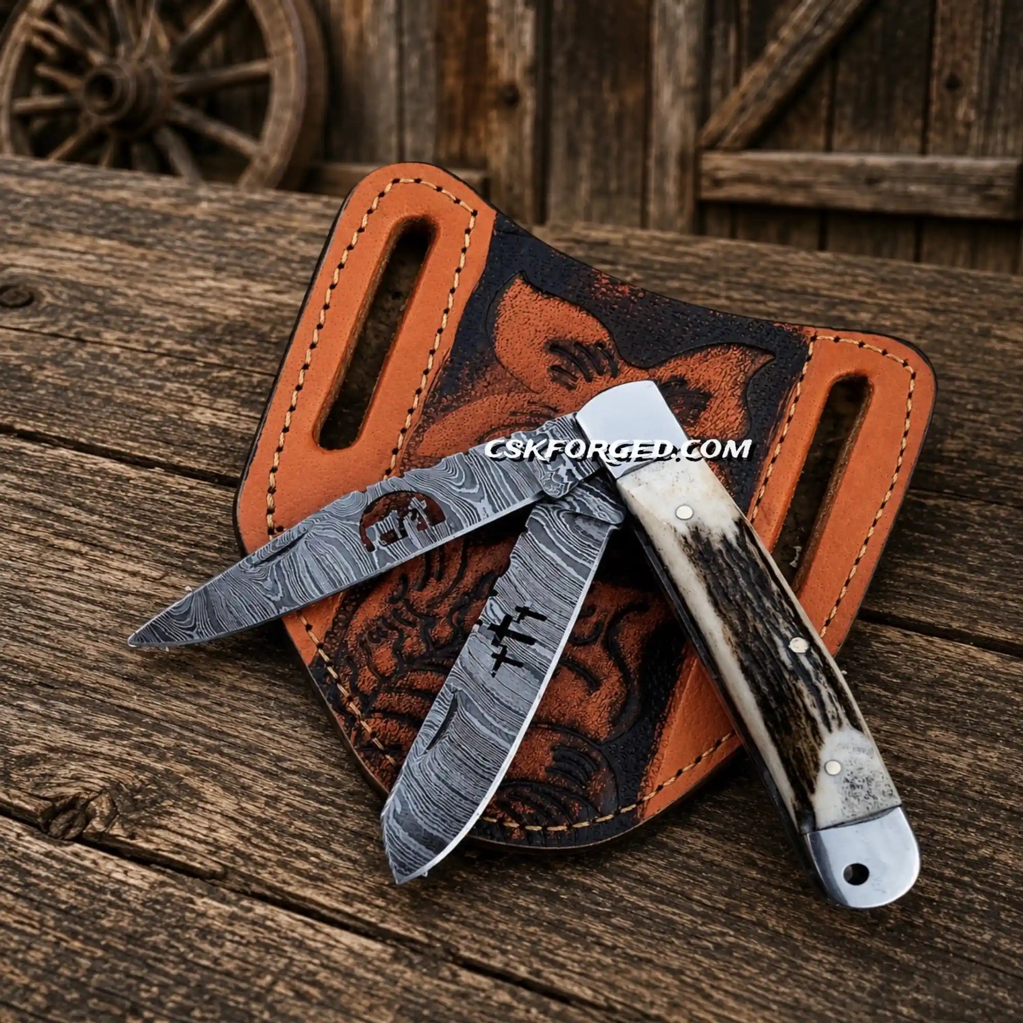 Cowboy Folding Trapper Knife – Damascus Double Blade Stag