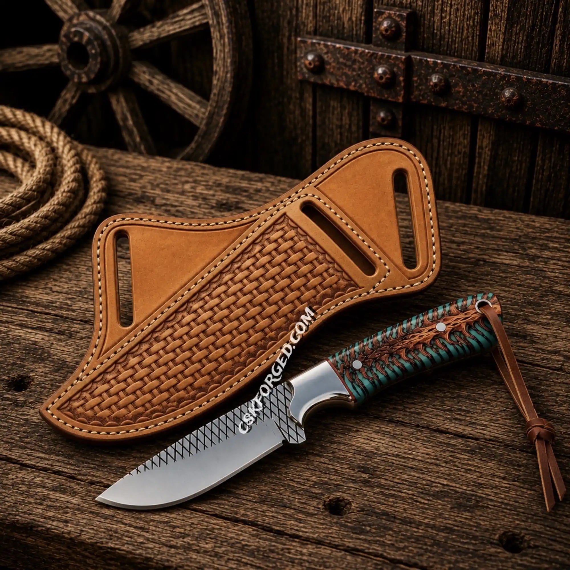 Cowboy Hunting Knife – Forged Rasp Steel with Pinecone Resin Handle