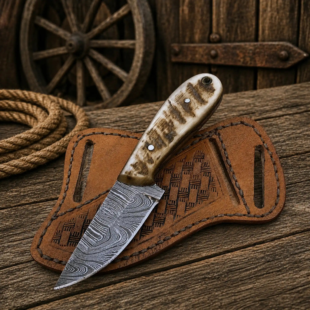 Cowboy Knife – 3.25" Damascus Steel Blade with Ram Horn Handle