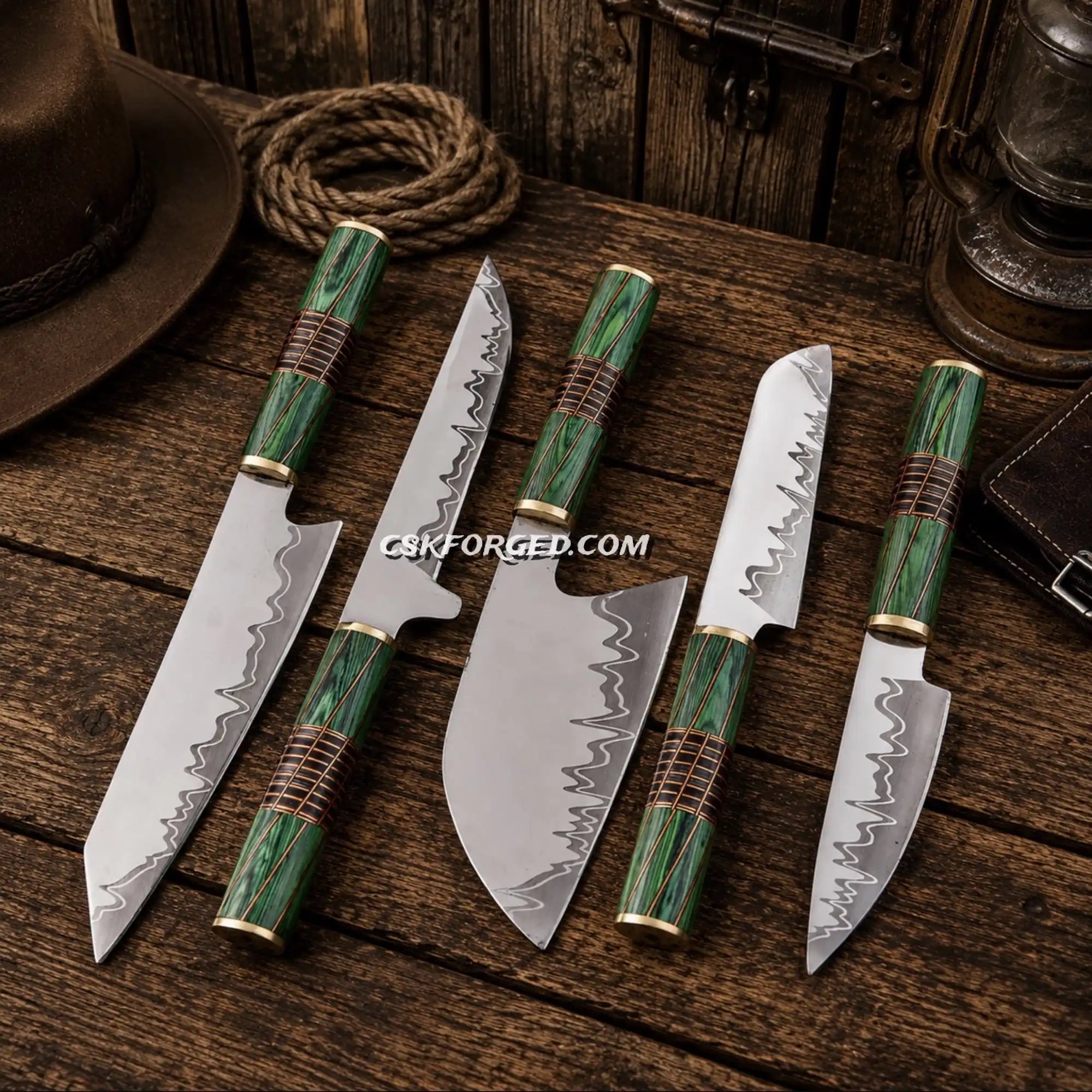 Cu Mai D2 Steel Chef Knife Set – Handmade Kitchen Knives with Green Pakka Wood Handles | Professional 5-Piece Chef Collection