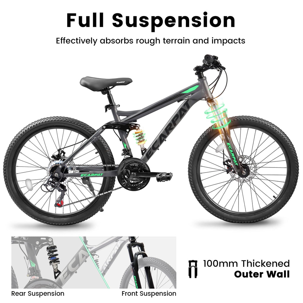 24" TrailX Adult Mountain Bike | 21-Speed Full Suspension (Gray)