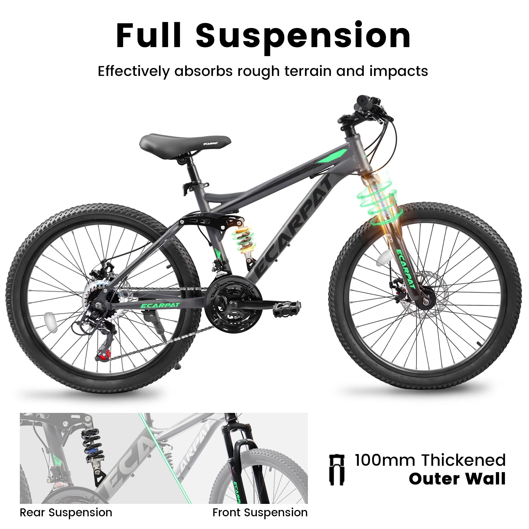 24" TrailX Adult Mountain Bike | 21-Speed Full Suspension (Gray)