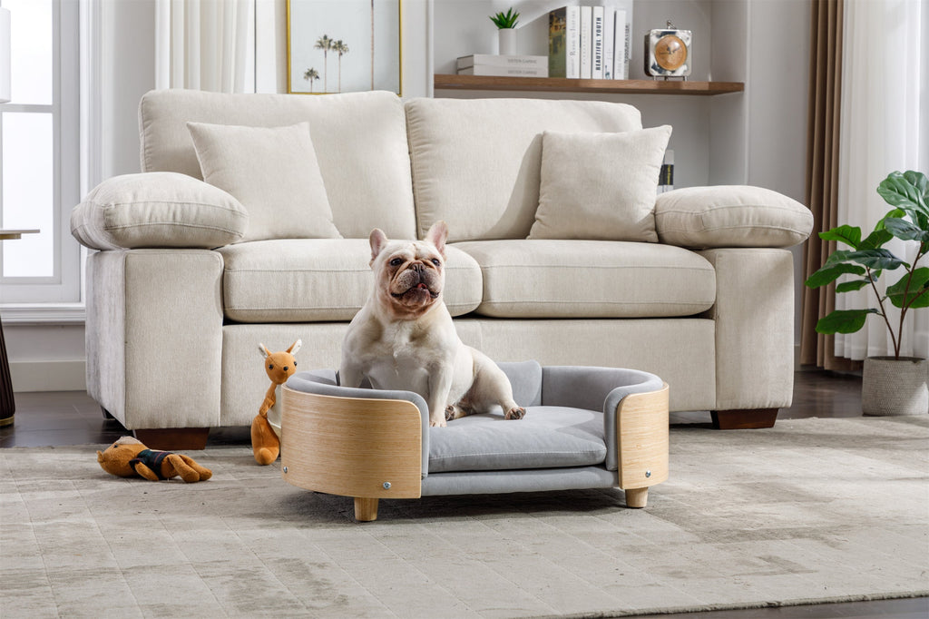 Scandinavian Style Elevated Dog Bed Sofa Velvet Cushion Mid Size Light Grey