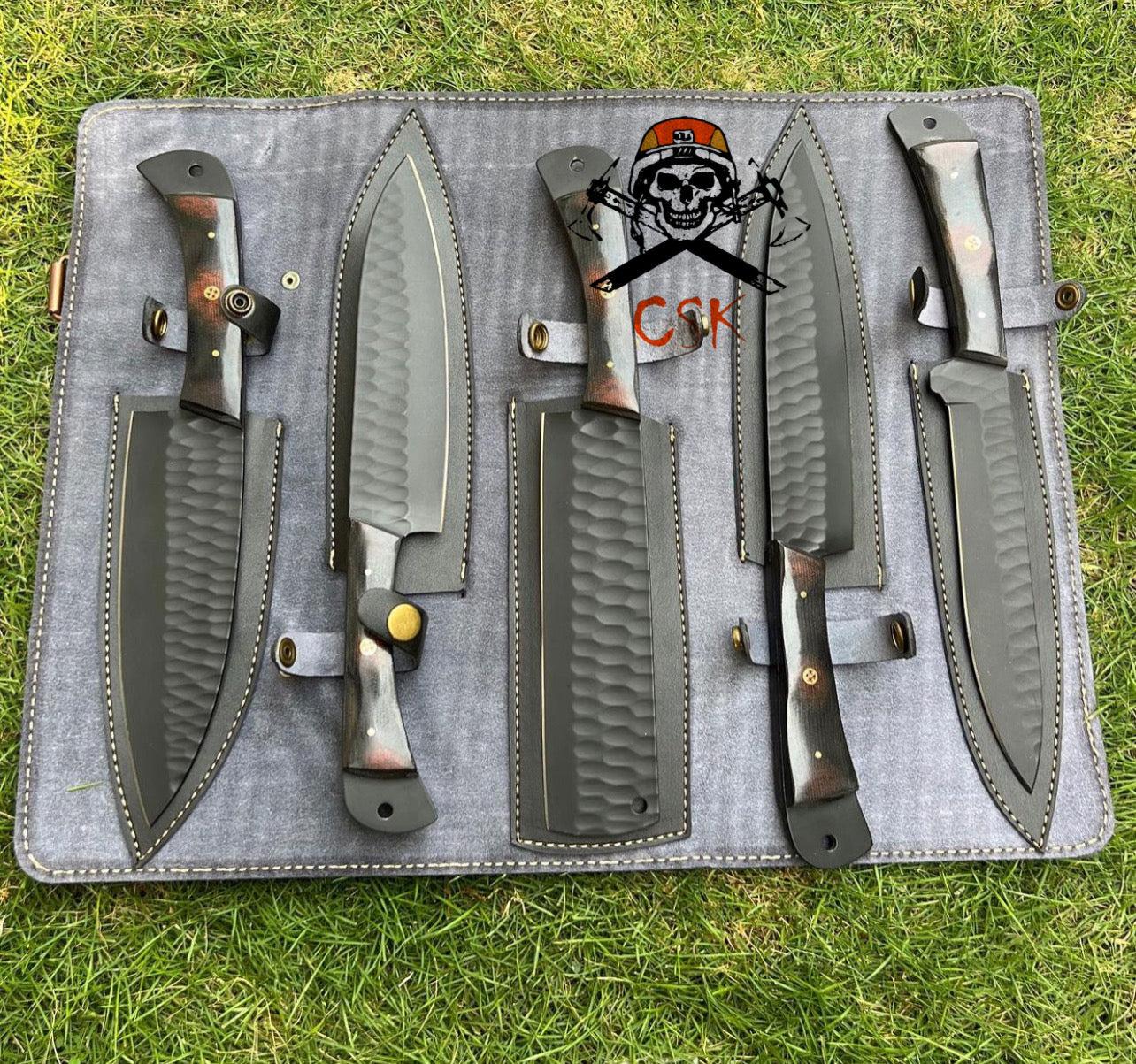 5 pieces custom made d2 steel Black coated chef knives set