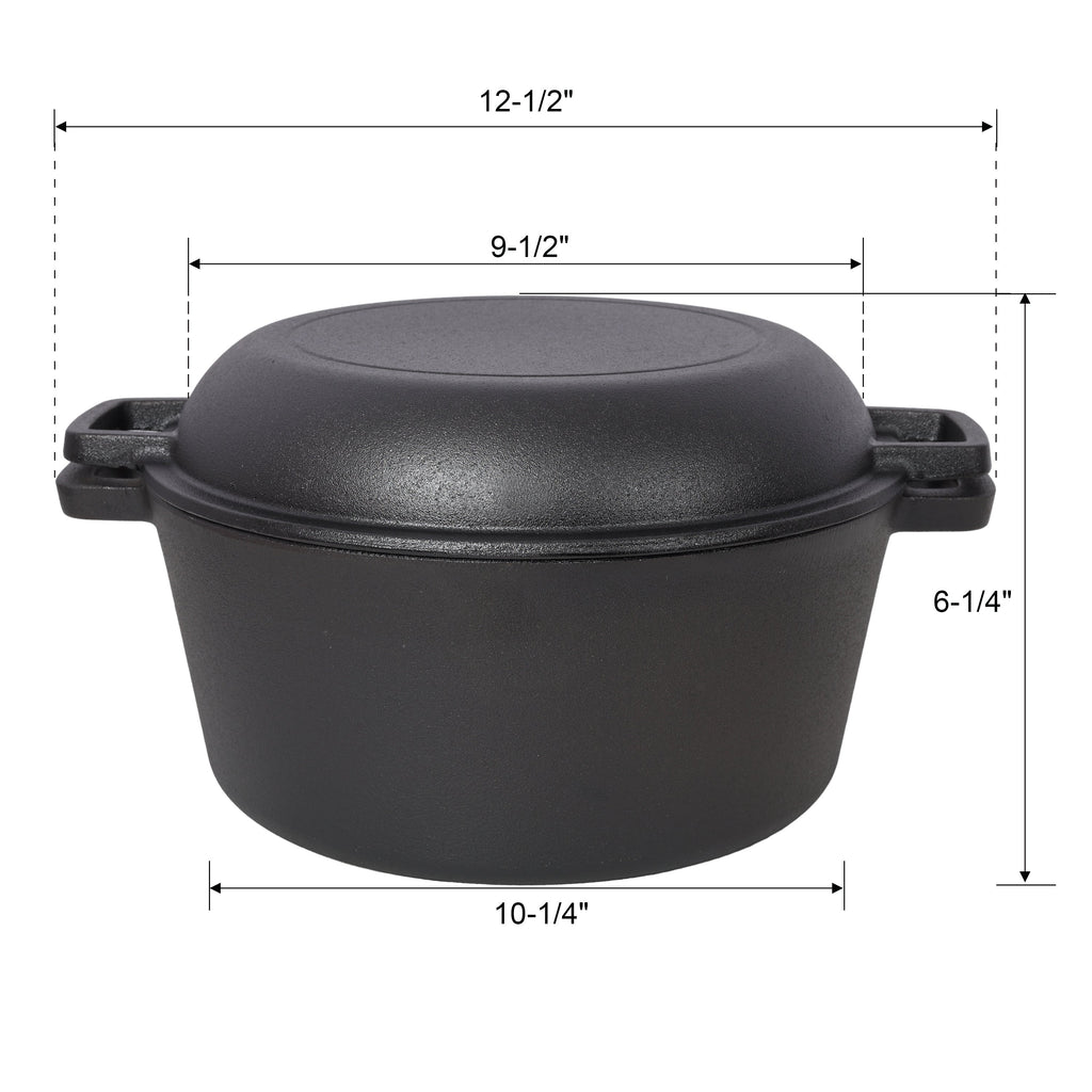 2 in 1 Pre-Seasoned Cast Iron Dutch Oven With Dual Handles.