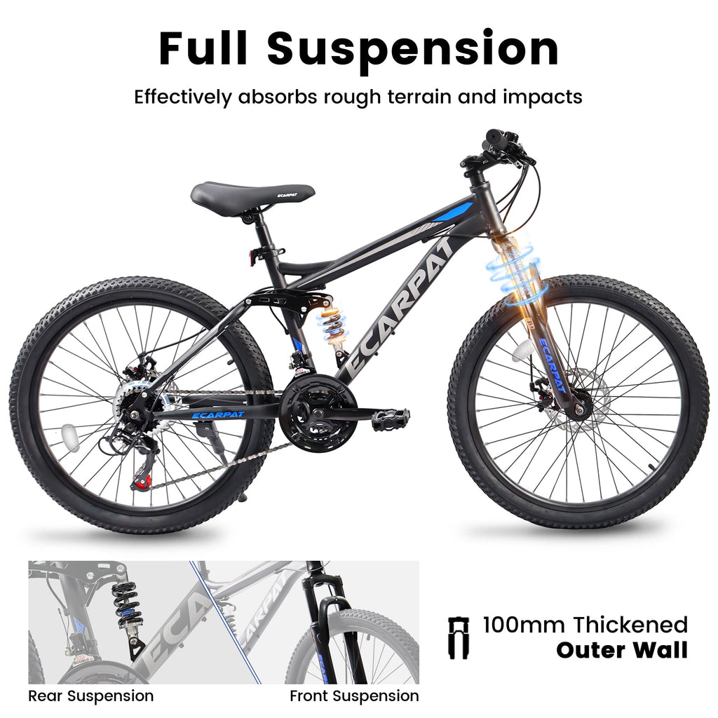 24" TrailX Adult Mountain Bike | 21-Speed Full Suspension (Black)