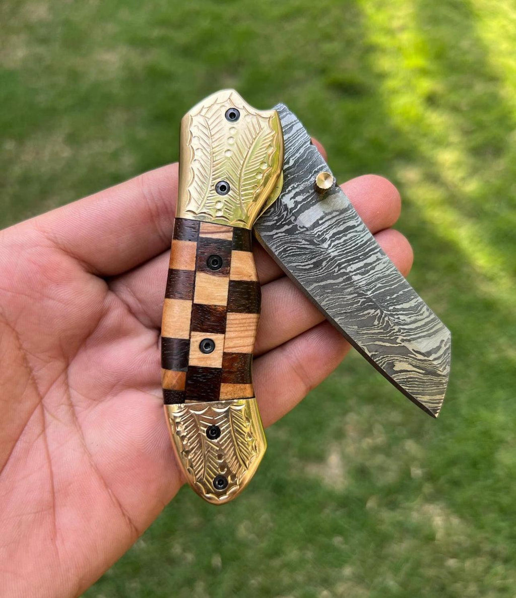 Custom Handmade Damascus steel Tanto Blade EDC Folding Pocket Knife