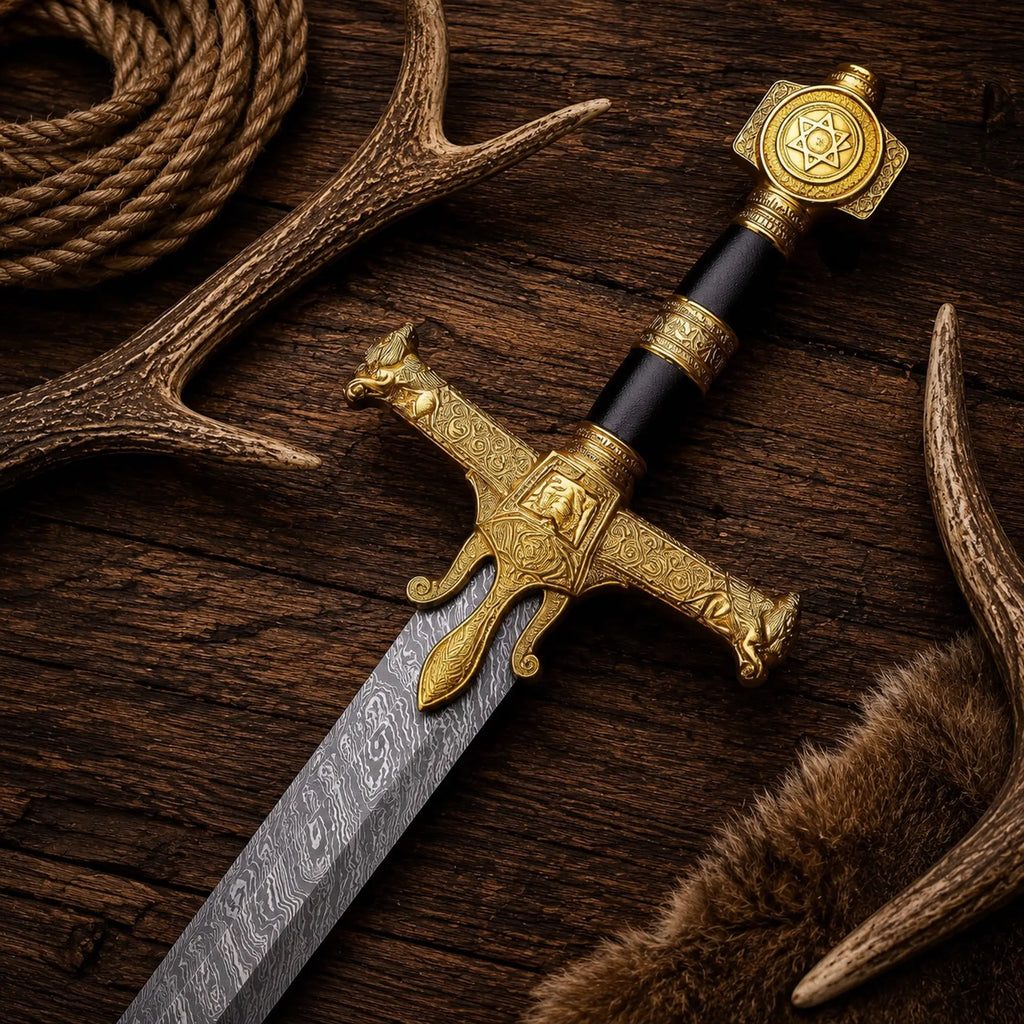 Sigil Sovereign Knight Sword – Damascus Blade Golden Crossguard Medieval Display