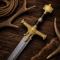 Sigil Sovereign Knight Sword – Damascus Blade Golden Crossguard Medieval Display