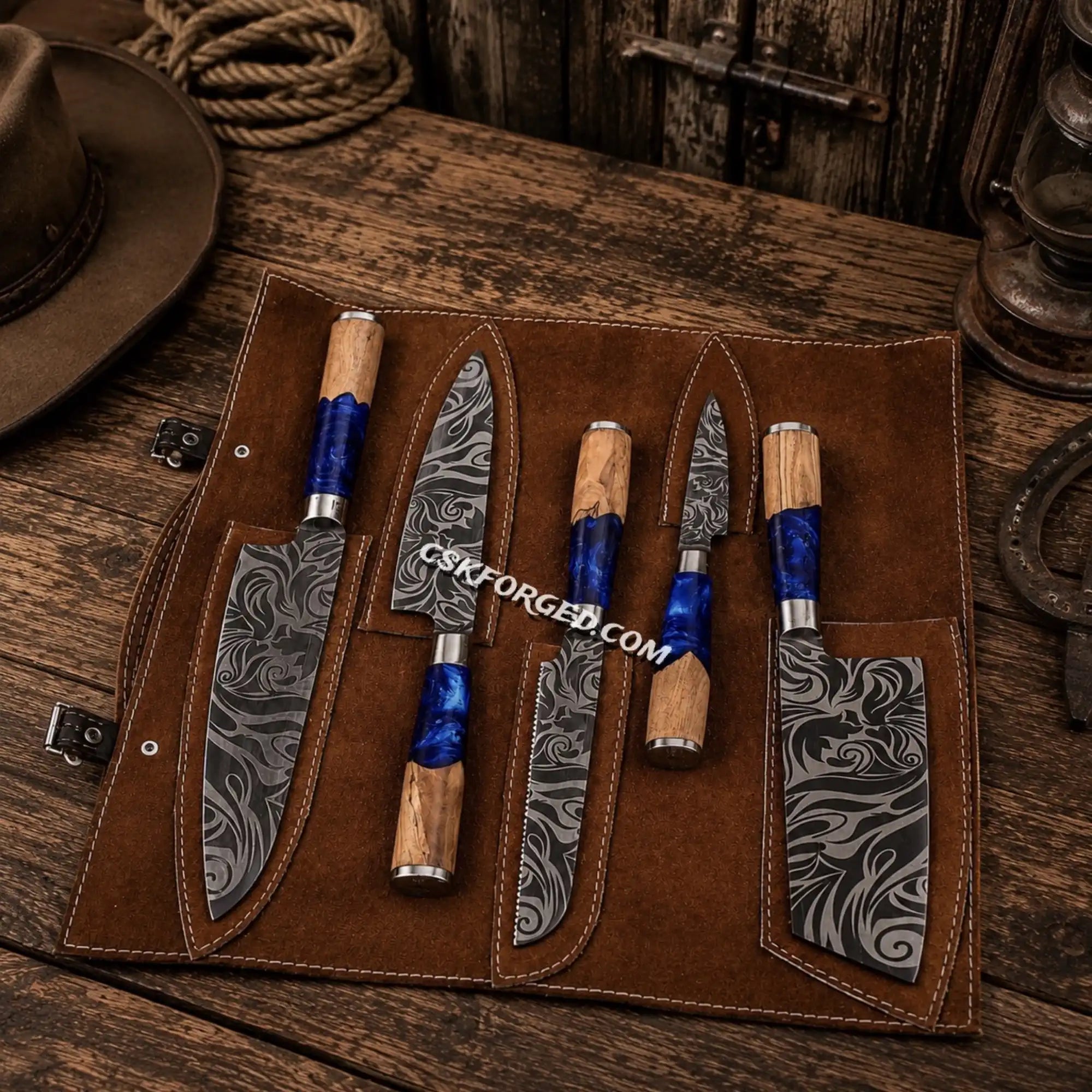 Floral Etched D2 Steel Chef Knife Set – Blue Epoxy Ash Wood Handles | Handmade Kitchen Knife Collection