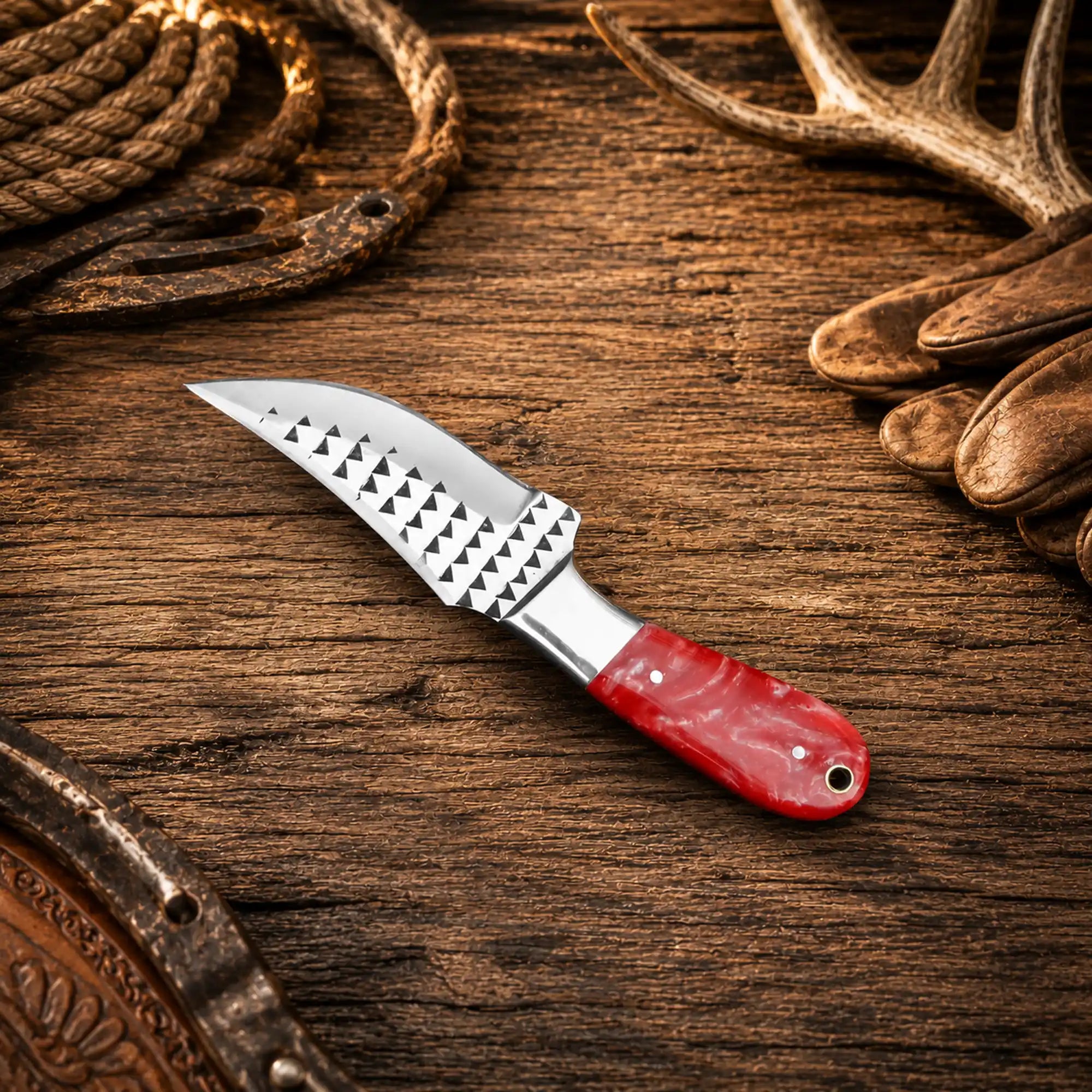 Hand-Forged Rasp Steel Cowboy Skinning Knife – Epoxy Resin Handle & Pancake Leather Sheath