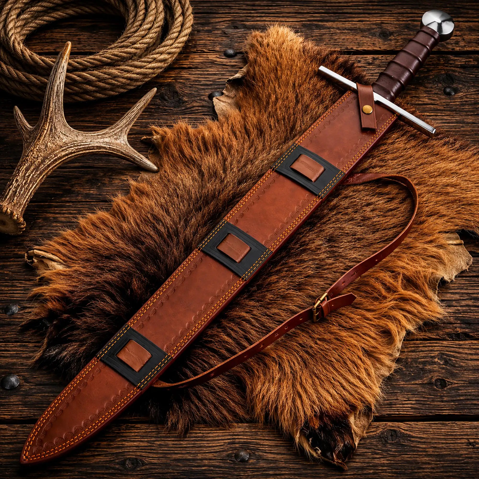Medieval Crusader Sword – Black Templar Legendary Longsword with Leather Sheath