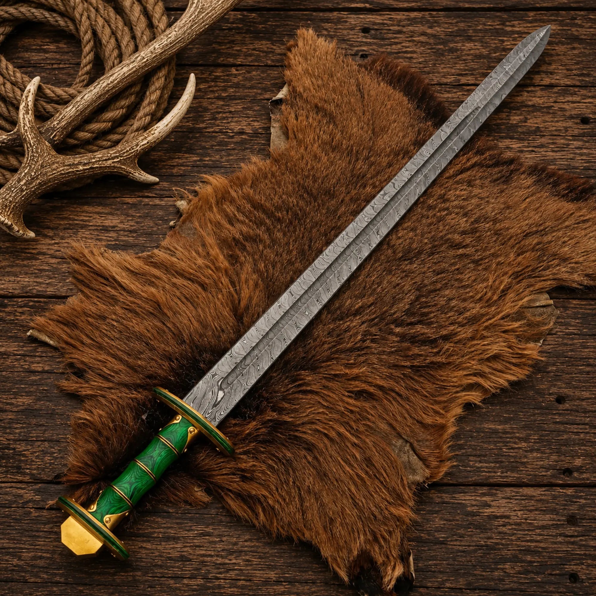 Sword Damascus Steel Verdantfang Viking Long Blade with Sheath