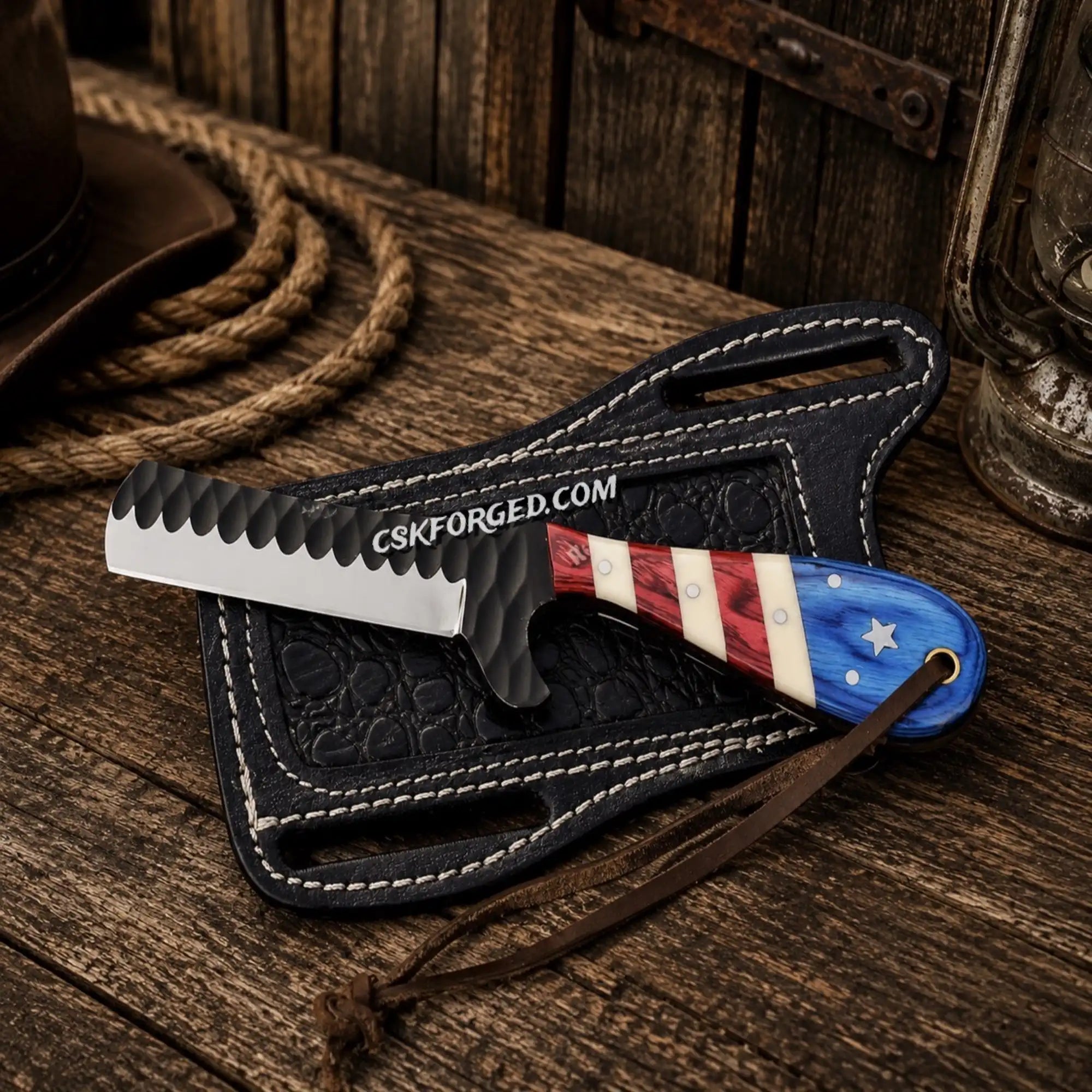 Handcrafted Bull Cutter Knife – 1095 Powder Coated Blade Texas Flag Handle