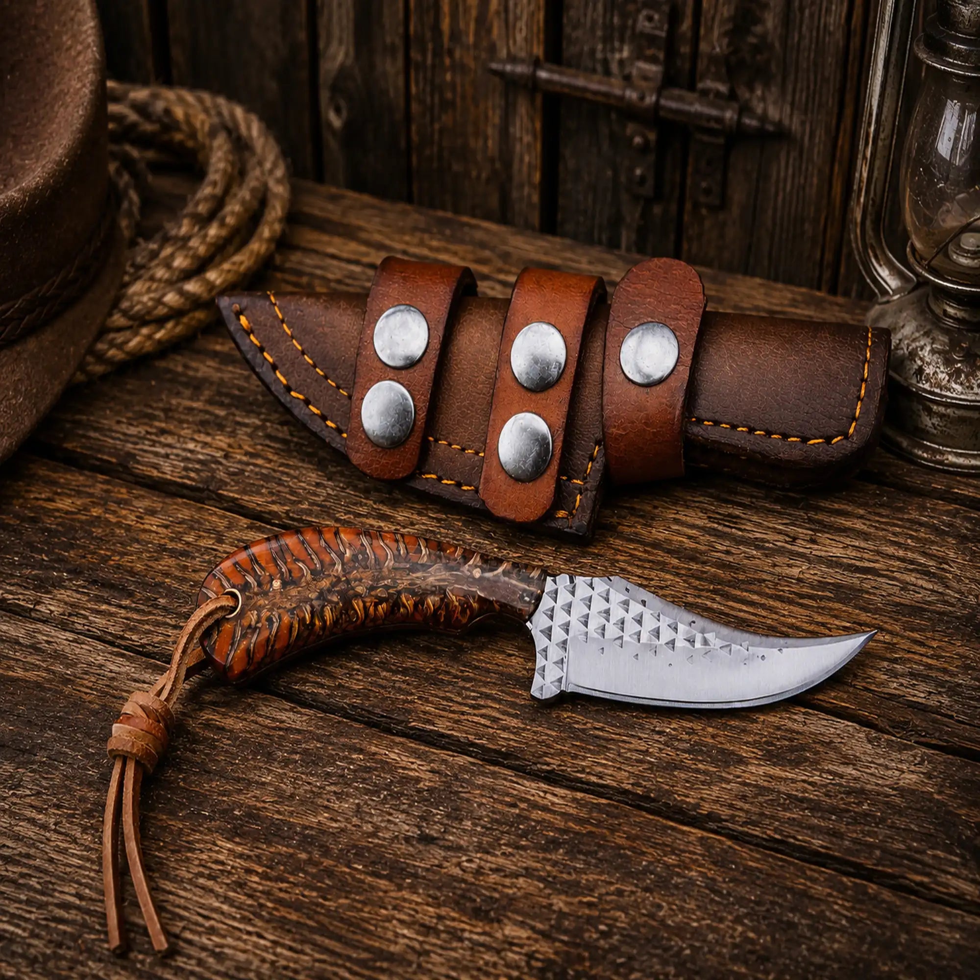 7" Handcrafted Farrier Rasp Steel Utility Knife – Pinecone Handle