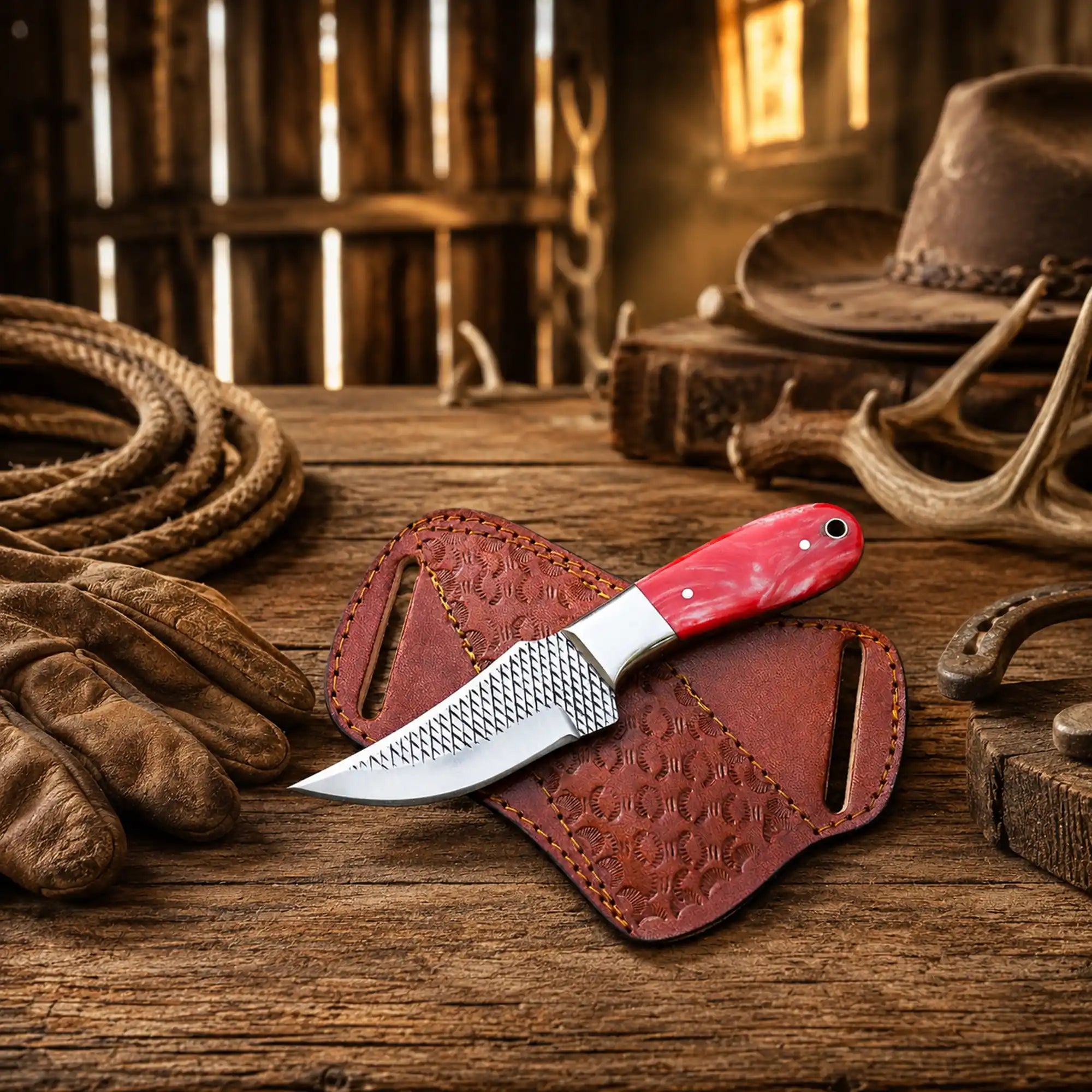 Hand-Forged Rasp Steel Cowboy Skinning Knife – Epoxy Resin Handle & Pancake Leather Sheath
