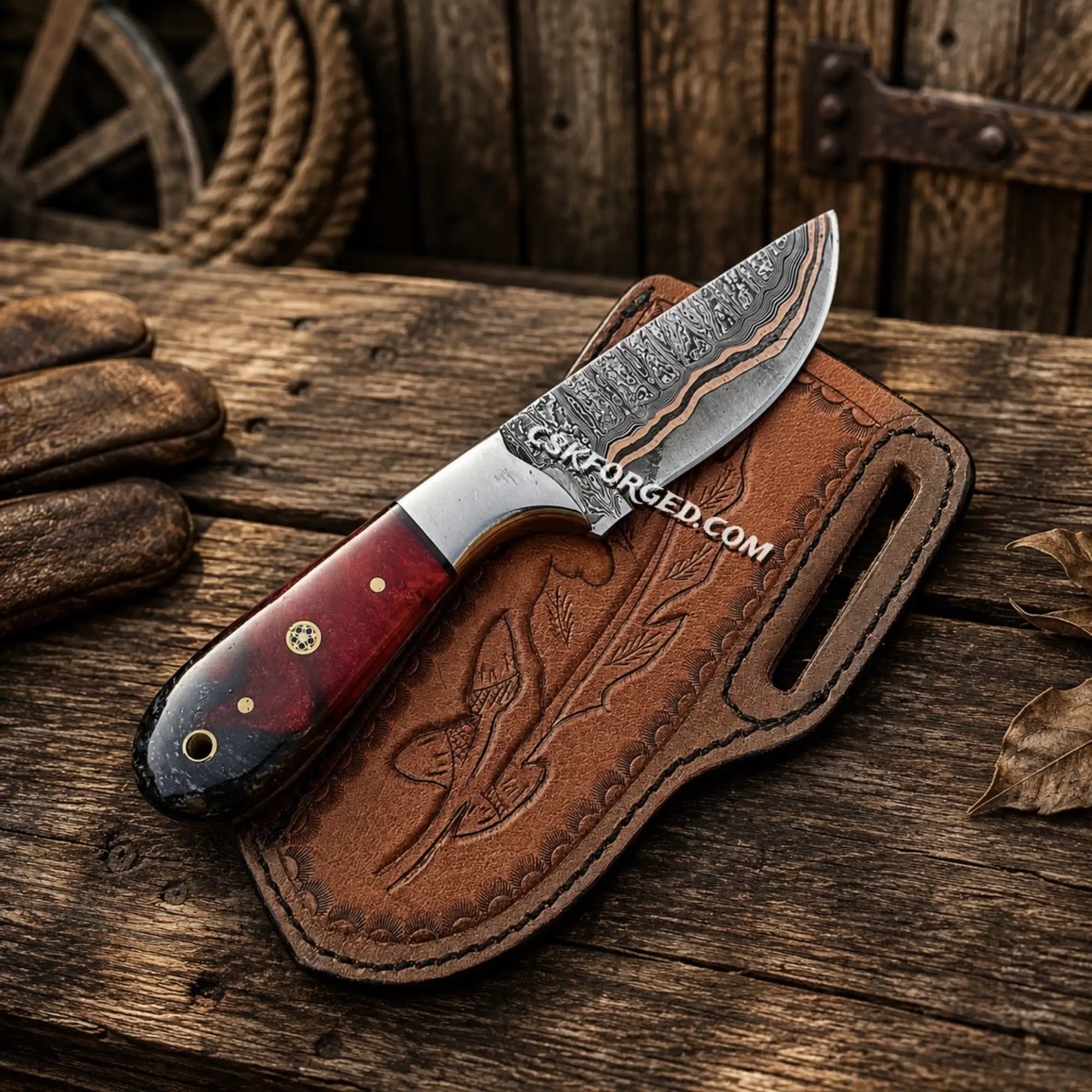 Copper Damascus Ranch Belt Knife – Epoxy Resin Handle & Sheath