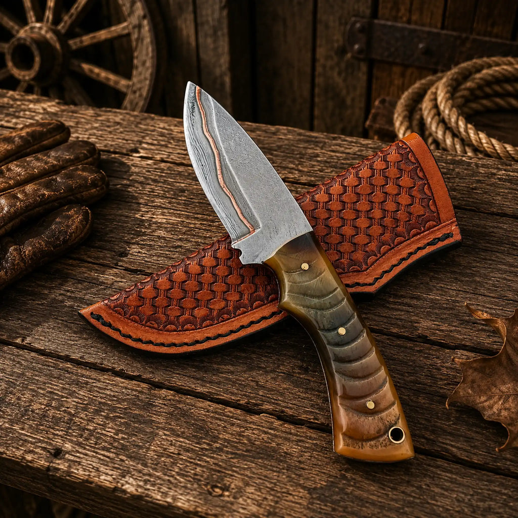 Copper Damascus Hunting Knife – Ram Horn Handle Ranch Belt Carry
