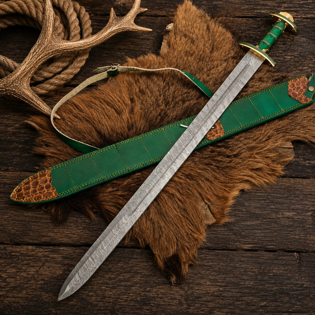 Sword Damascus Steel Verdantfang Viking Long Blade with Sheath