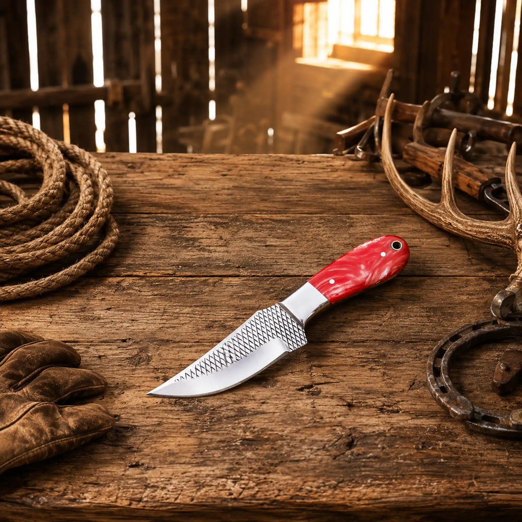 Hand-Forged Rasp Steel Cowboy Skinning Knife – Epoxy Resin Handle & Pancake Leather Sheath