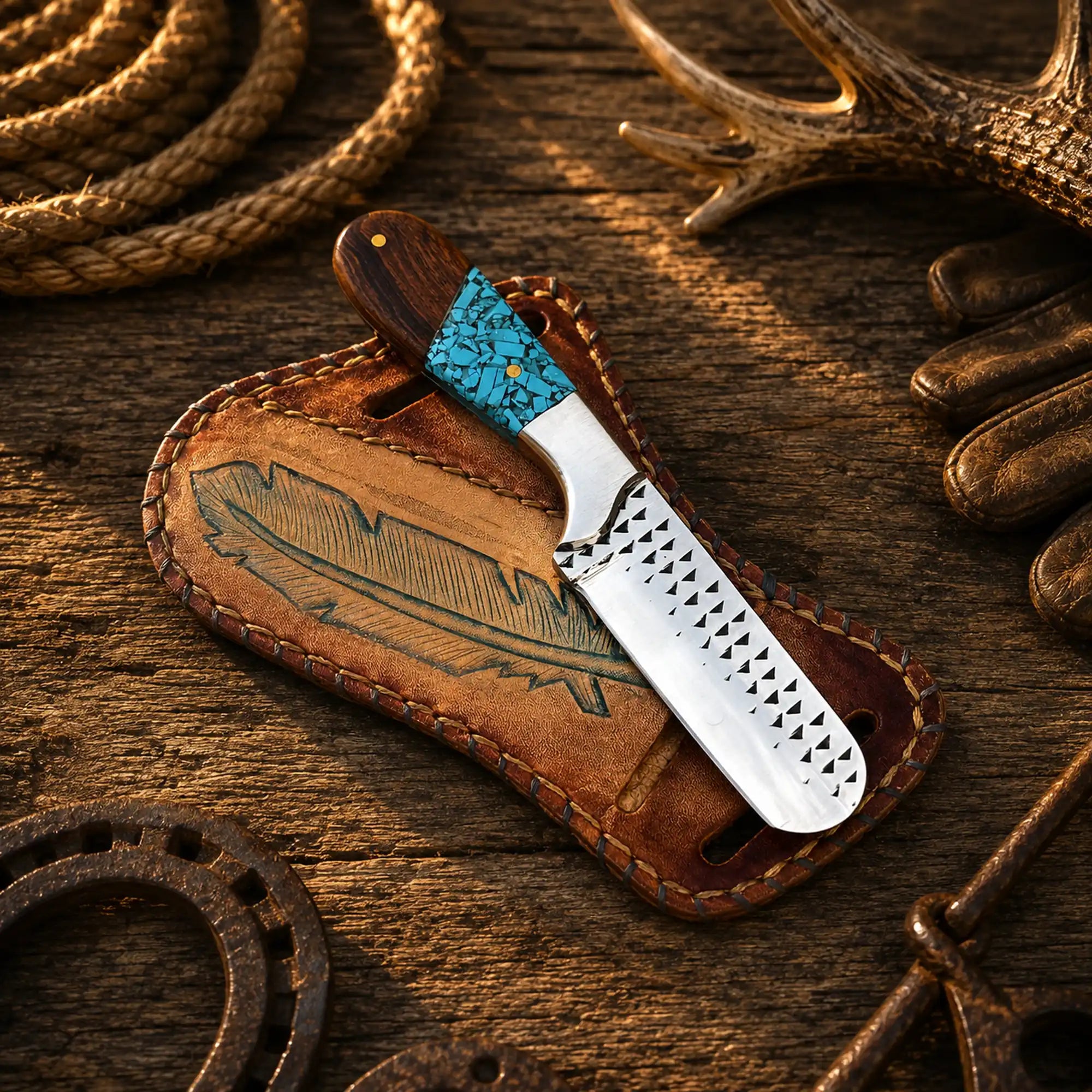 Horse Riding Bull Cutter Knife – 4" Forged Rasp Steel with Turquoise & Rosewood Handle