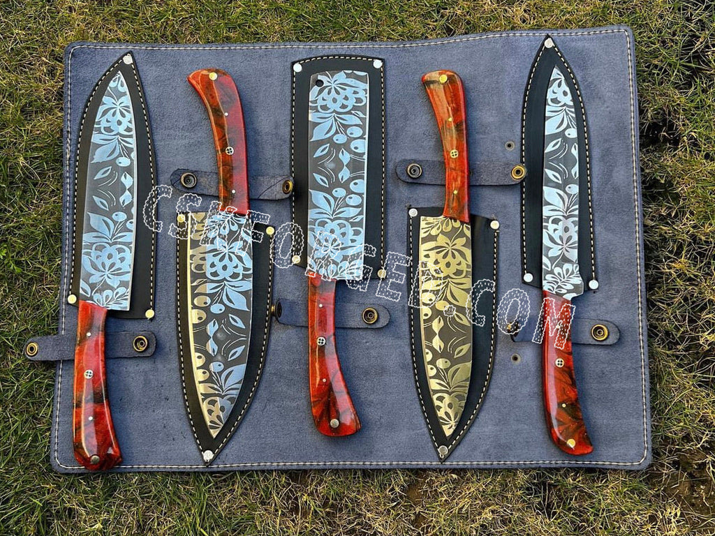 D2 steel laser Etched Blades 5 pieces chef knives set