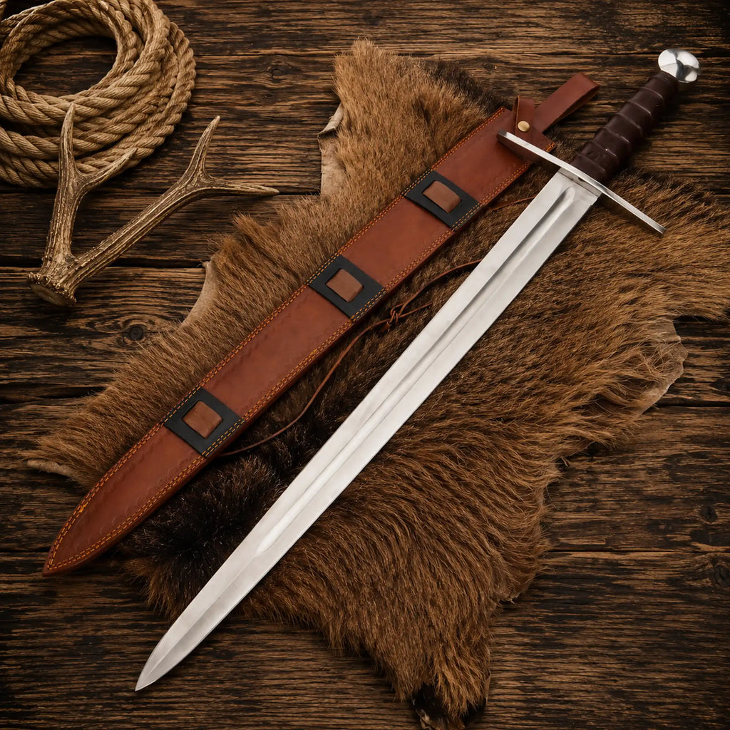 Medieval Crusader Sword – Black Templar Legendary Longsword with Leather Sheath