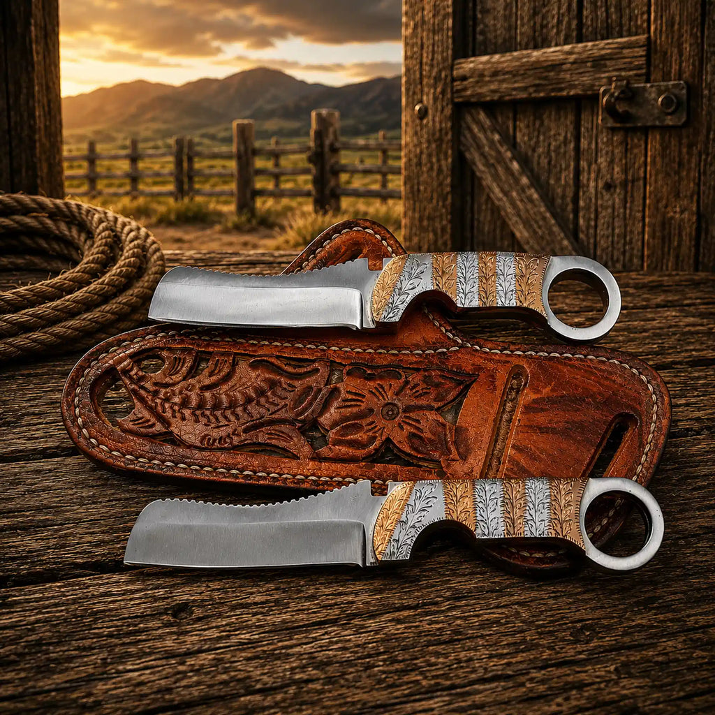 Cowboy Bull Cutter Knife – D2 Steel Blade Copper Engraved Handle