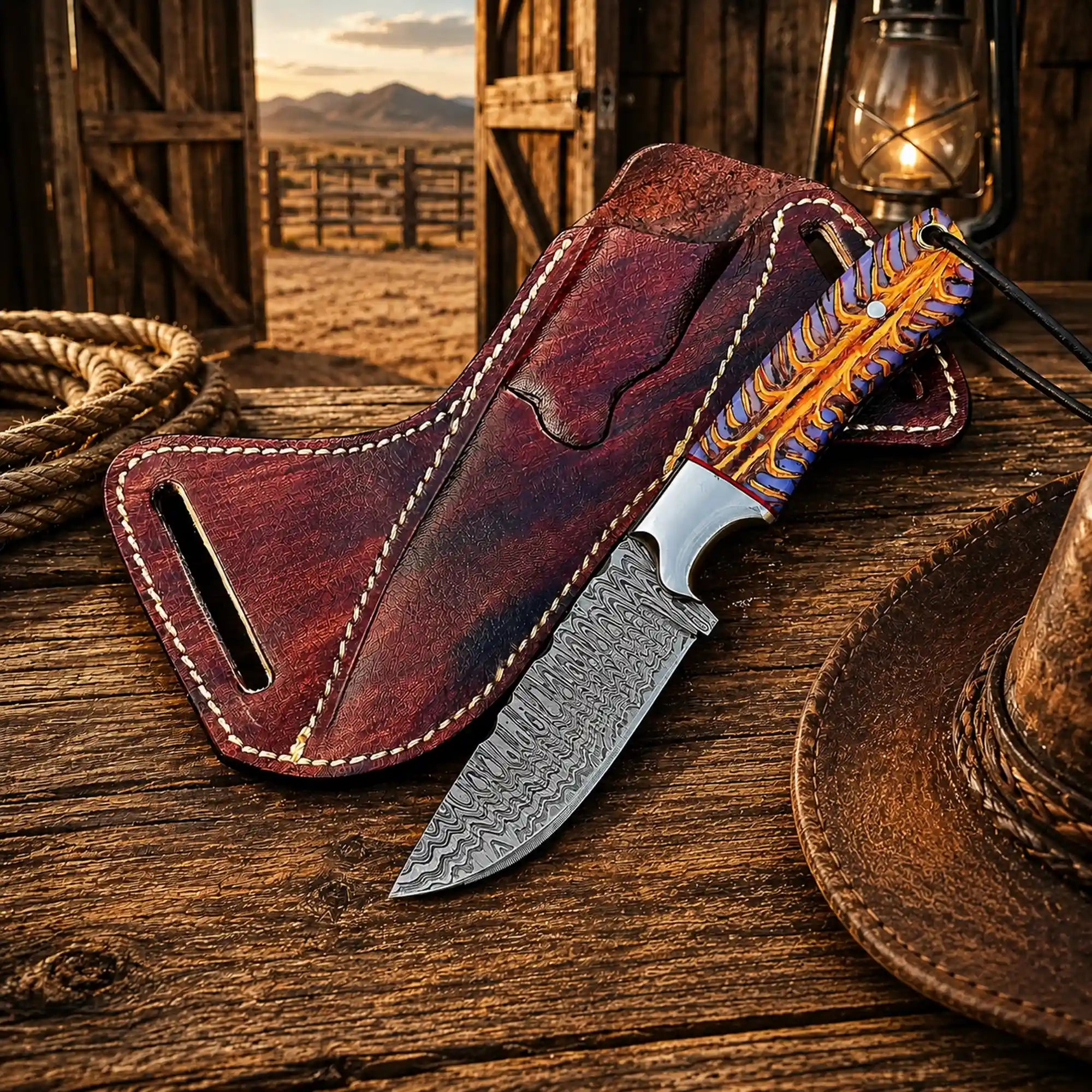 Back Belt Sheath Knife – 4" Damascus Steel Pinecone Handle