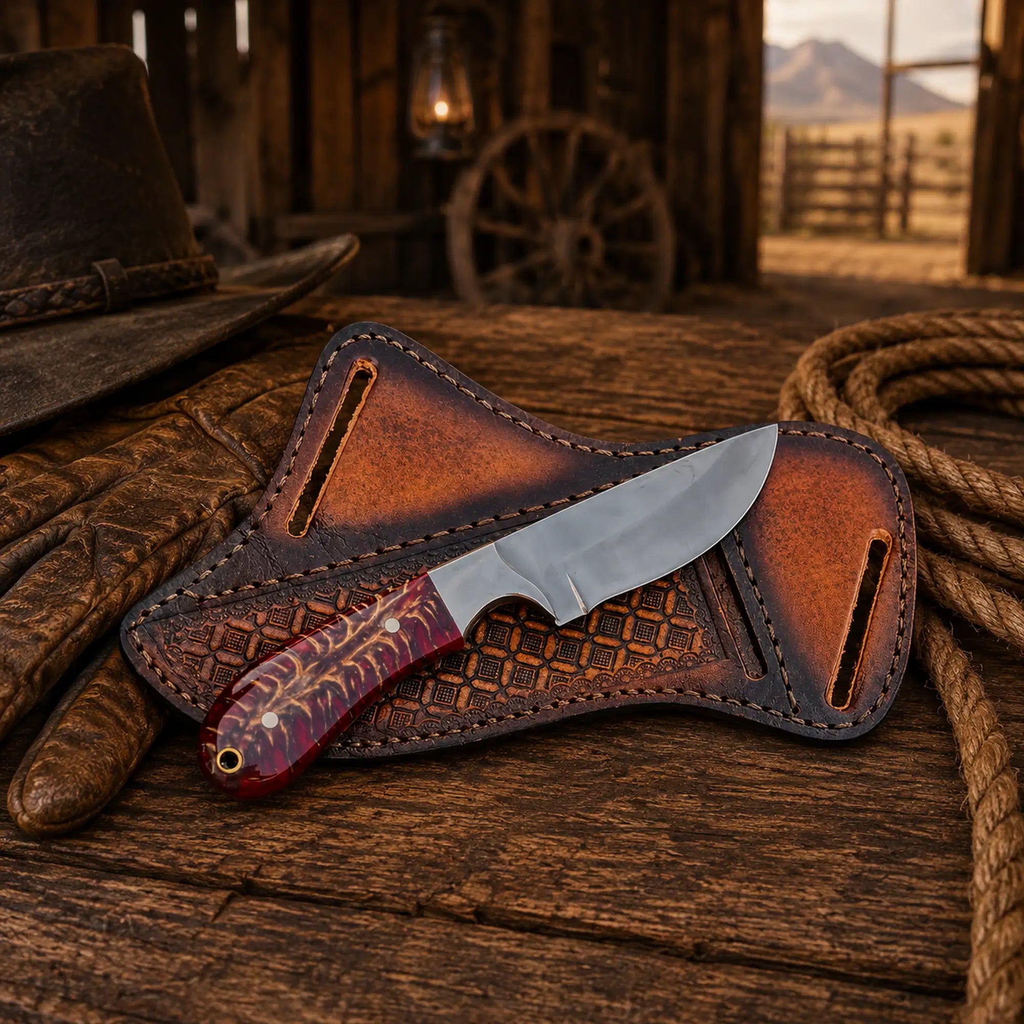 Ranch Hunting Knife with Belt Sheath – D2 Steel & Pinecone Handle
