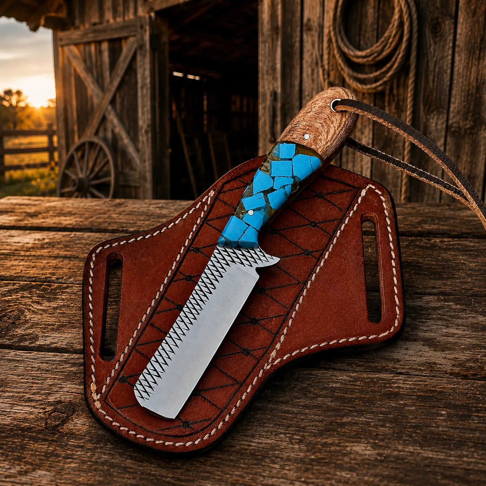 Bull Cutter Knife – Rasp Steel Blade Turquoise Handle