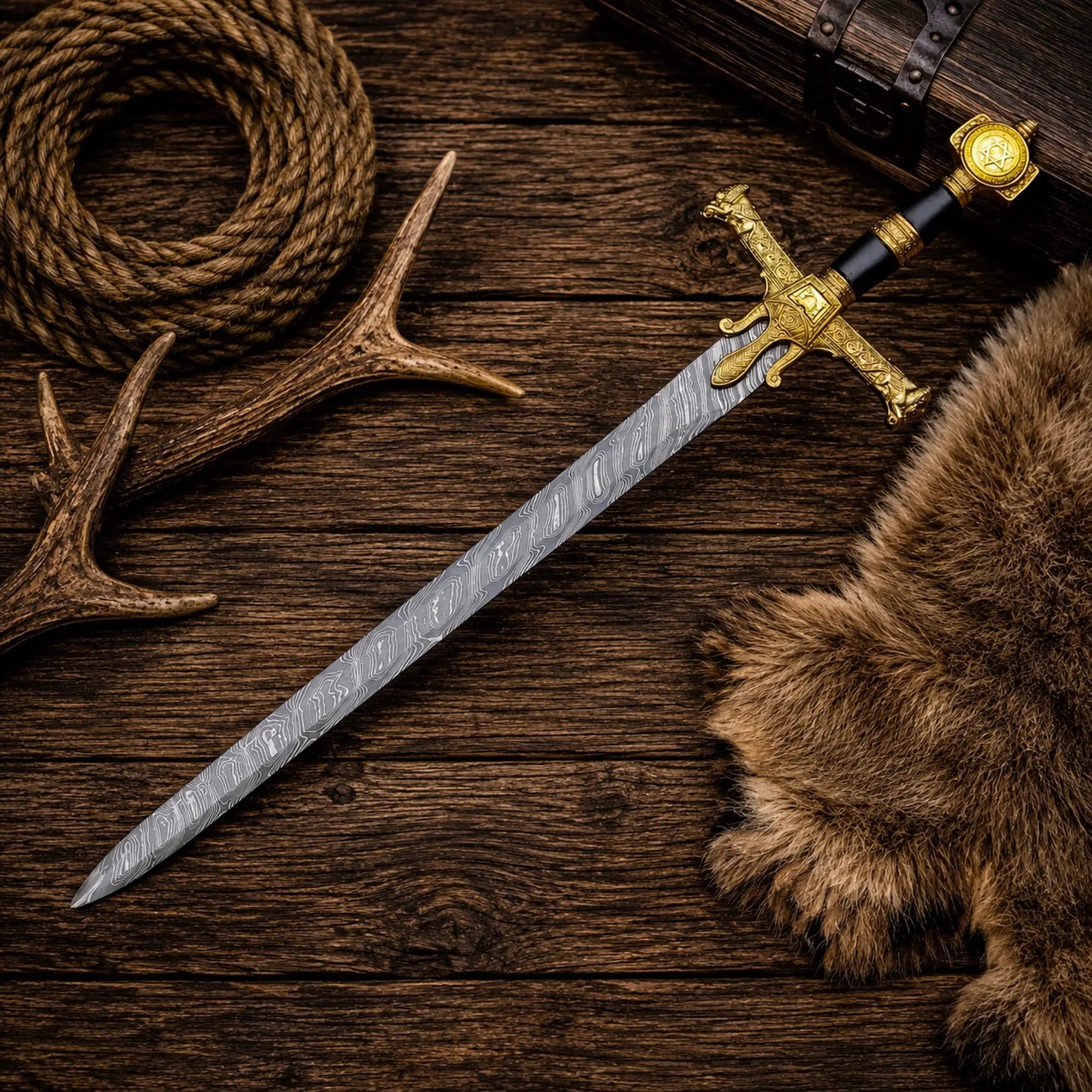 Sigil Sovereign Knight Sword – Damascus Blade Golden Crossguard Medieval Display