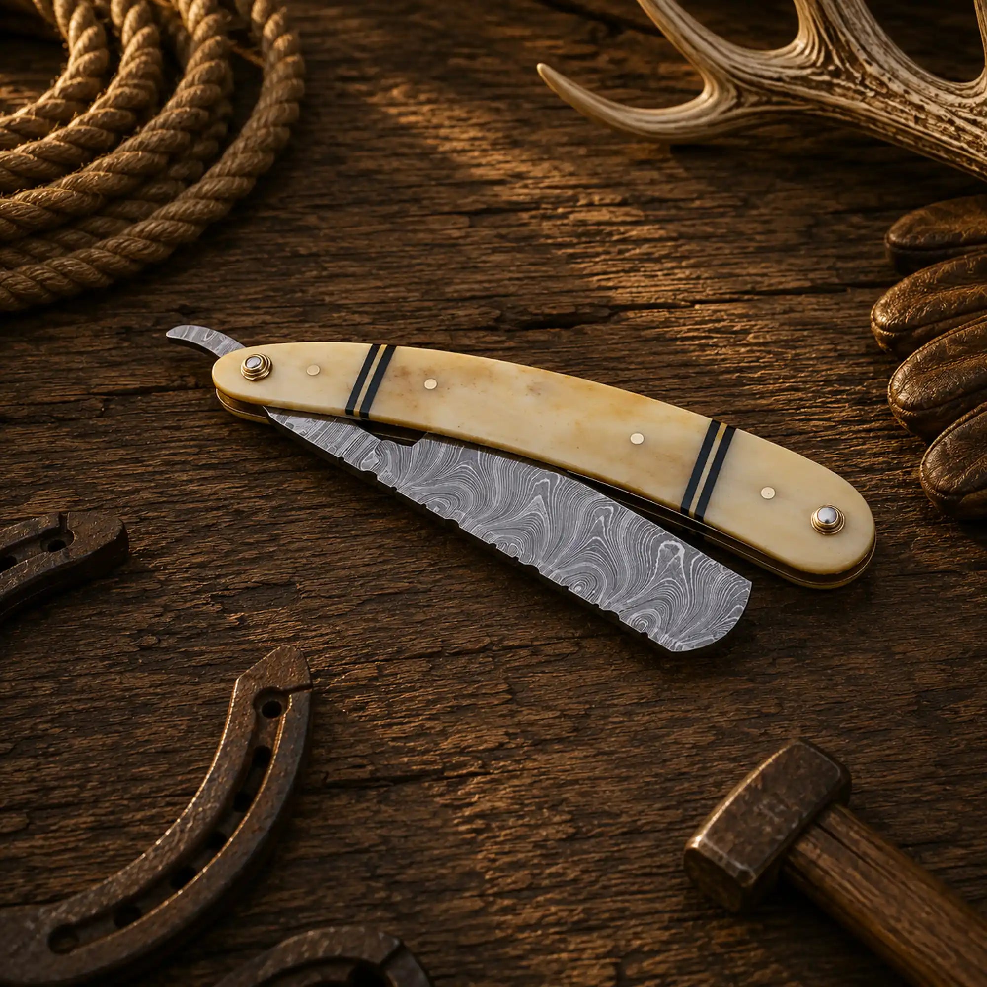 Handmade Damascus Steel Straight Razor – Bone Handle Barber Razor
