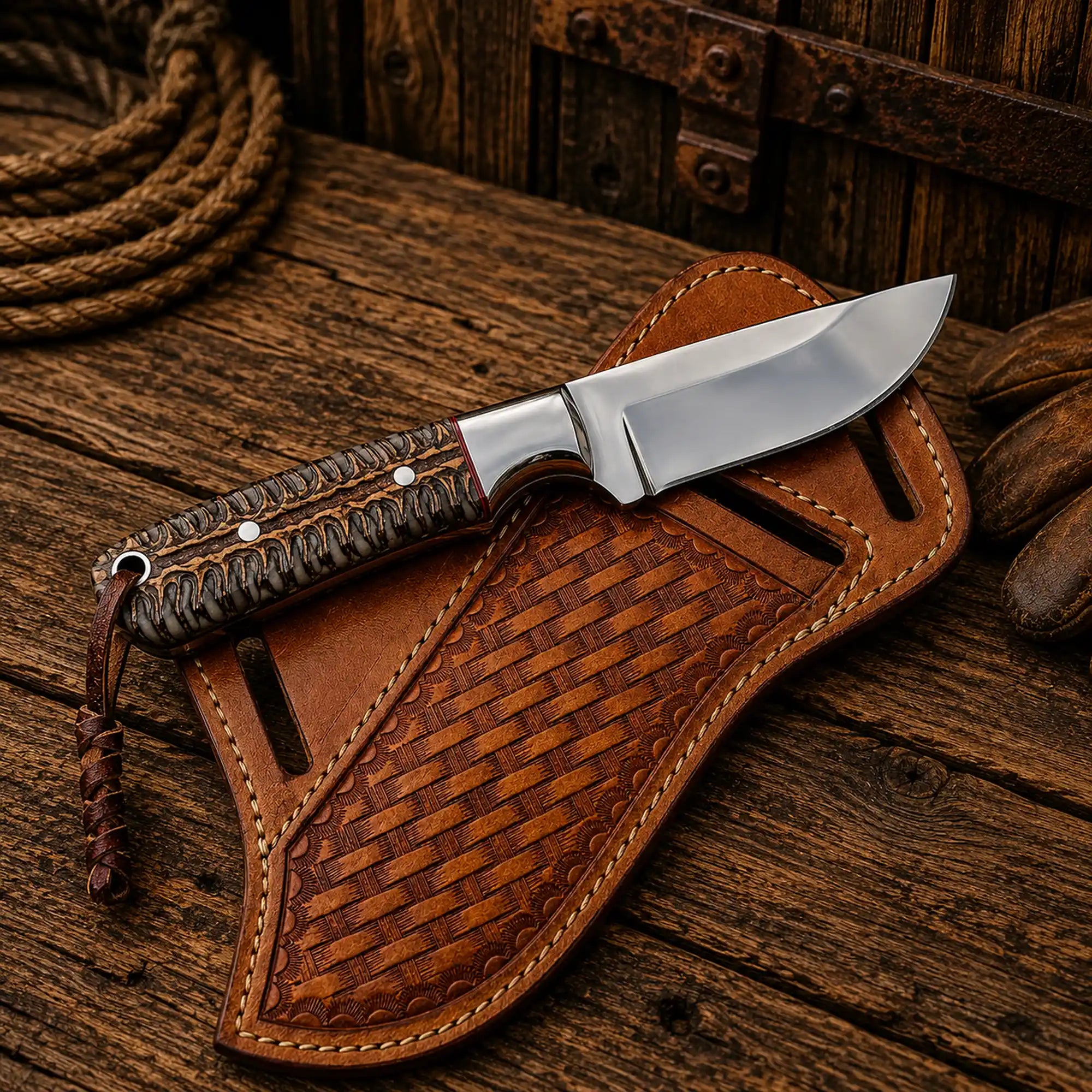 Traditional Cowboy Hunting Knife – D2 Steel with Pinecone Resin Handle