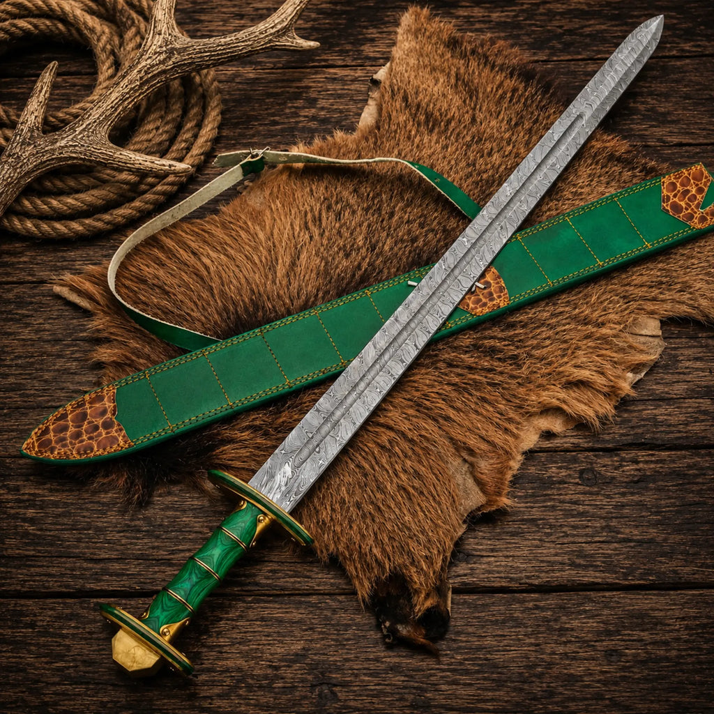 Sword Damascus Steel Verdantfang Viking Long Blade with Sheath