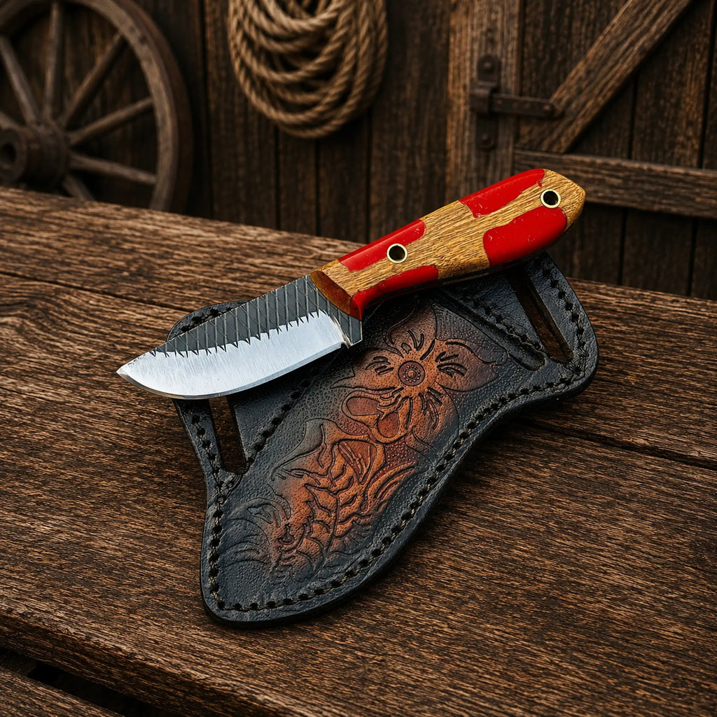 Compact Cowboy Skinning Knife – Rasp Steel with Belt Sheath