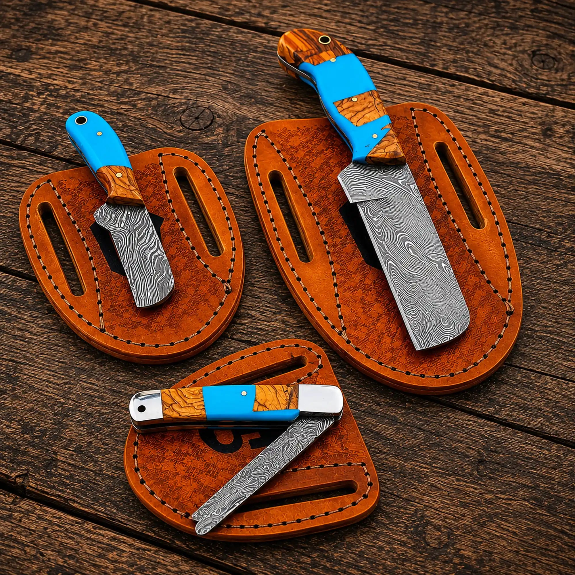 Cowboy Bull Cutter Knife Set – Damascus Steel Turquoise Handle