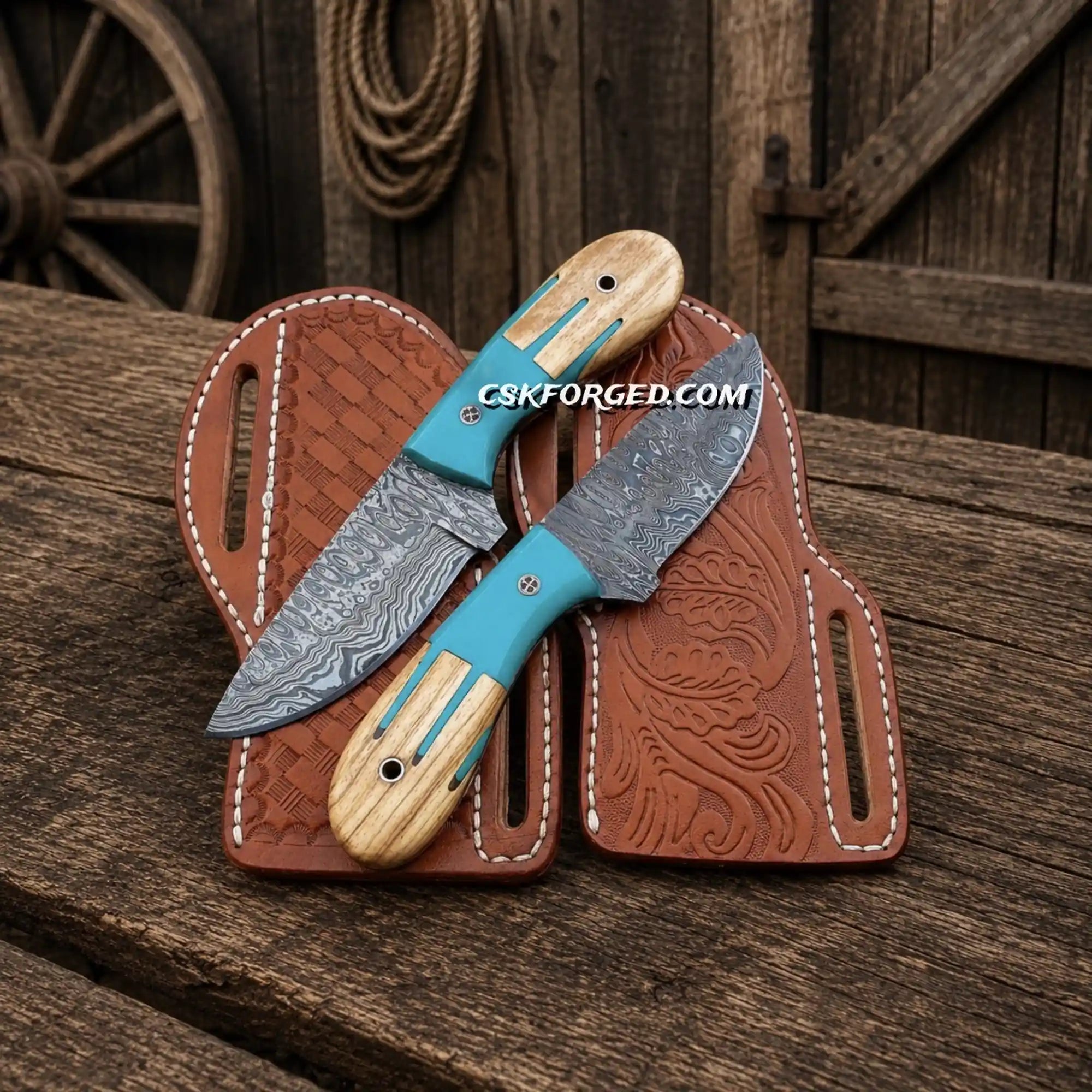 Cowboy Skinning Knife Set – Damascus Steel Blue Maverick Handle