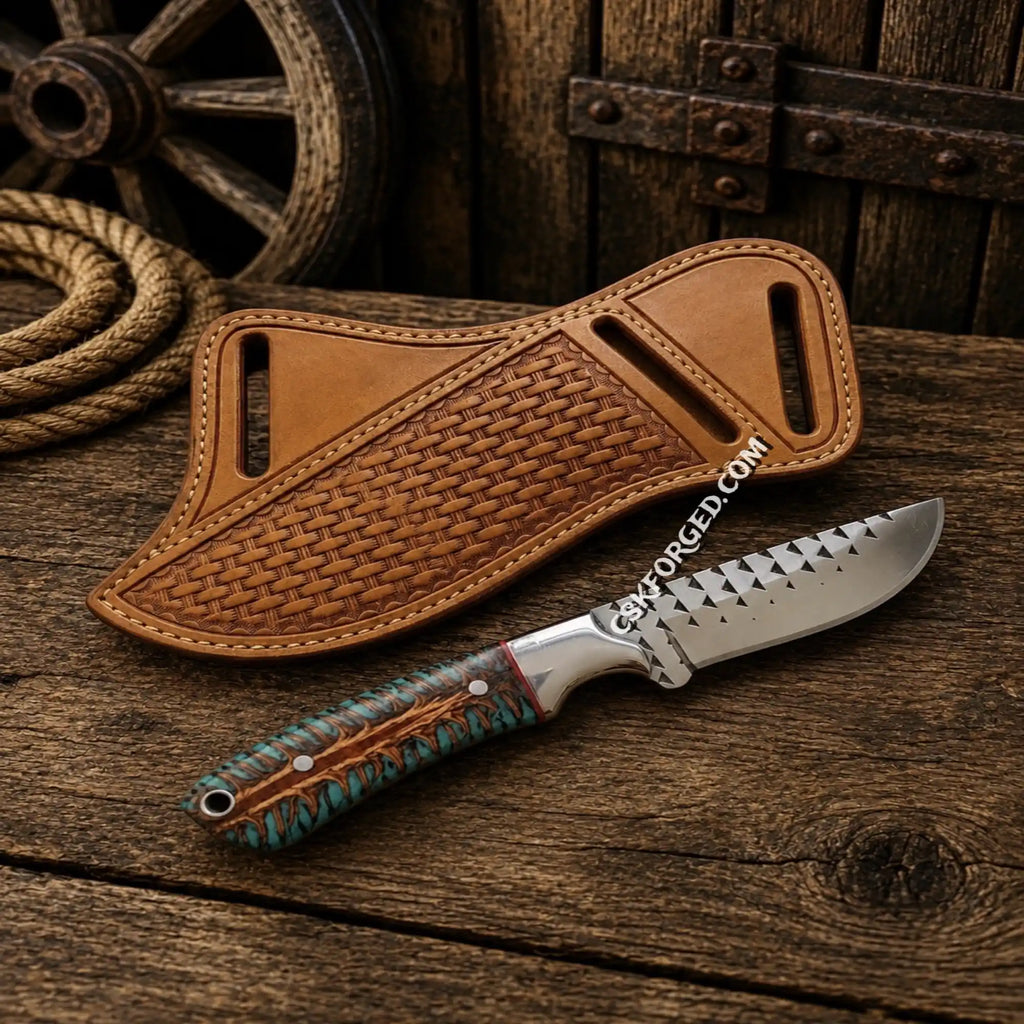Cowboy Hunting Knife – Forged Rasp Steel with Pinecone Resin Handle