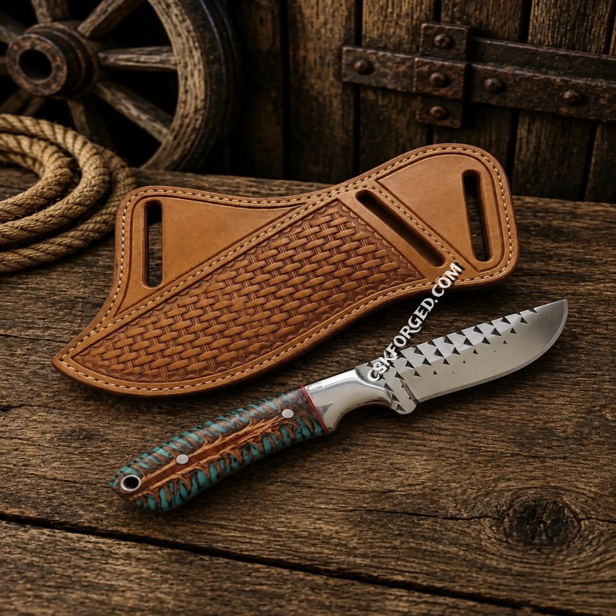 Cowboy Hunting Knife – Forged Rasp Steel with Pinecone Resin Handle